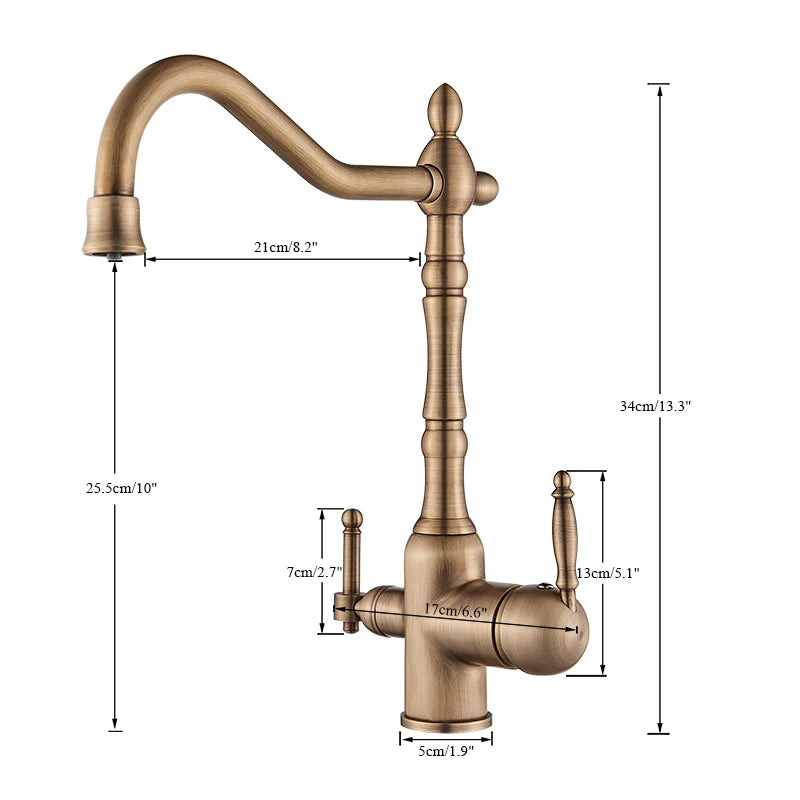 Load image into Gallery viewer, Antique Brass Filter Kitchen Faucet Drinking Pure Water Kitchen Tap Deck Mounted Dual Handles 3-Ways Hot and Cold Water Mixer

