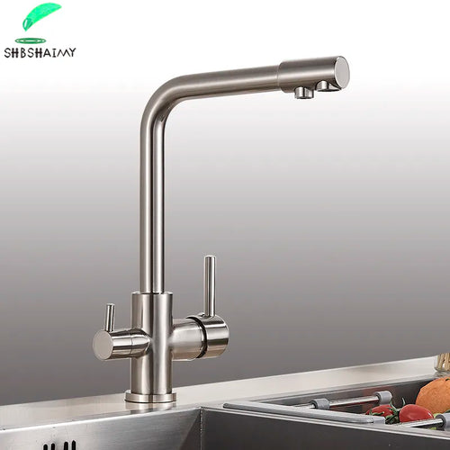 SHBSHAIMY Brushed Nickel Filter Kitchen Faucet Drinking Water Kitchen Tap Deck Mounted Dual Handles 3-Way Hot Cold Water Mixer