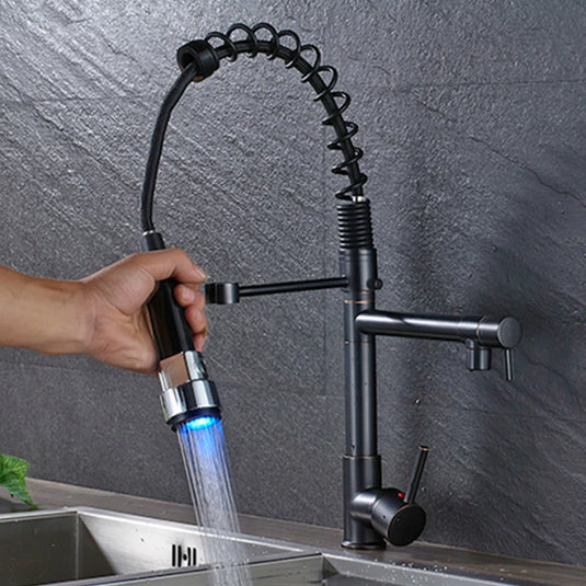 SHBSHAIMY Black Chrome Kitchen Faucet LED Light Pull Down Spring Sink Faucets Dual Swivel Spout Kitchen Torneira Hot Mixer Tap