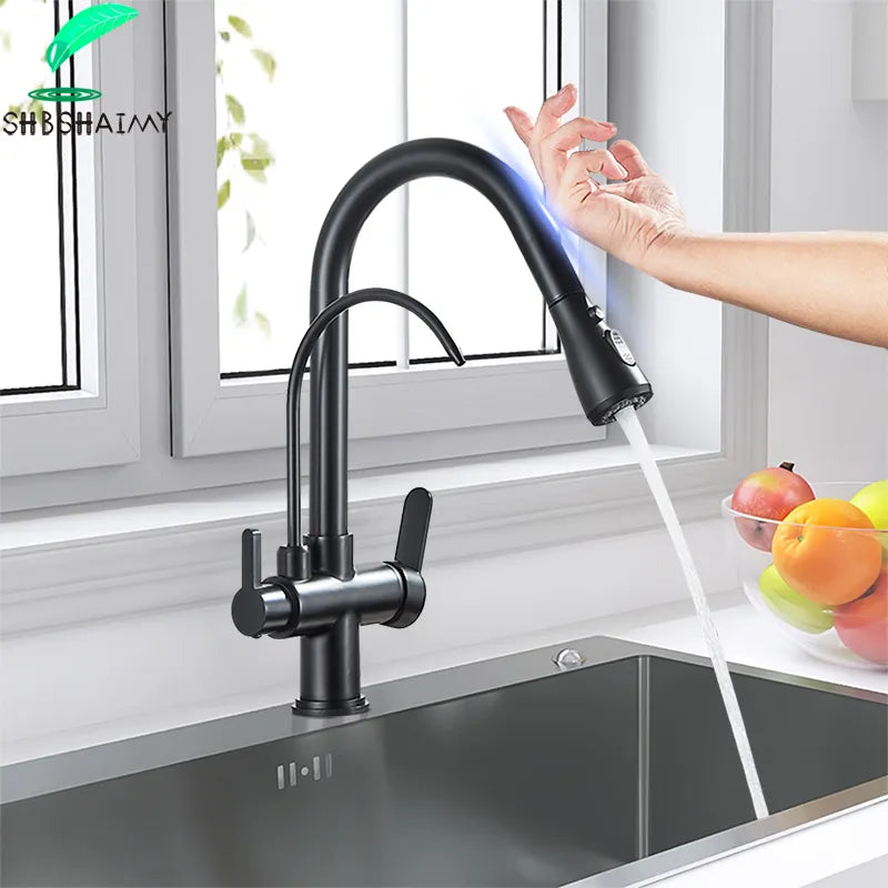 Load image into Gallery viewer, Matte Black Touch Kitchen Faucet with Pure Water Function Dual Handle Tap Deck Mounted 360 Rotation Pull Out Hot Cold Mixer Taps
