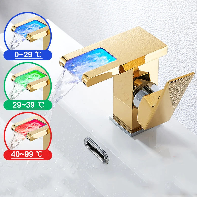 Load image into Gallery viewer, Bathroom Hydropower LED Waterfall Faucet Sink Basin Mixer Deck Mounted Solid Brass Water Power Basin Tap Luminous Washbasin Tap
