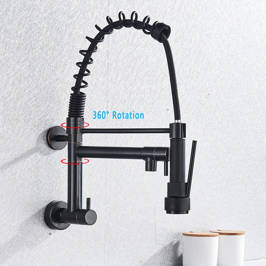 SHBSHAIMY Spring Matte Black Kitchen Faucet Pull Down Chrome Single Cold Wall Mounted Kitchen Taps Dual Function Sprayer Taps
