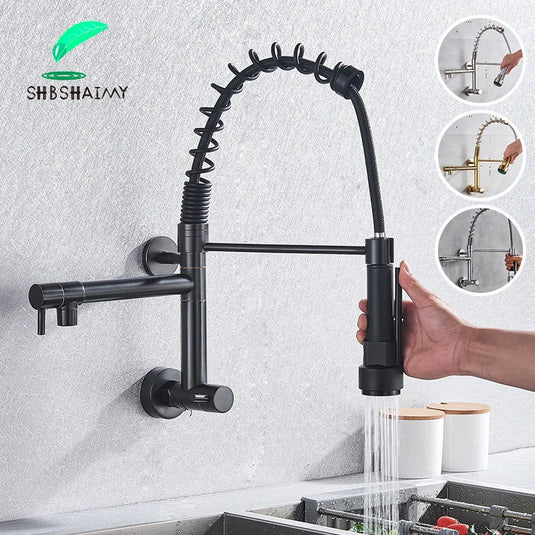 SHBSHAIMY Spring Matte Black Kitchen Faucet Pull Down Chrome Single Cold Wall Mounted Kitchen Taps Dual Function Sprayer Taps