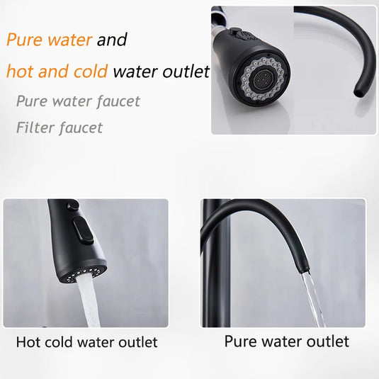 Matte Black Touch Kitchen Faucet with Pure Water Function Dual Handle Tap Deck Mounted 360 Rotation Pull Out Hot Cold Mixer Taps