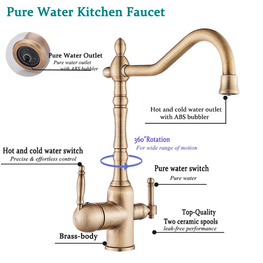 Antique Brass Filter Kitchen Faucet Drinking Pure Water Kitchen Tap Deck Mounted Dual Handles 3-Ways Hot and Cold Water Mixer