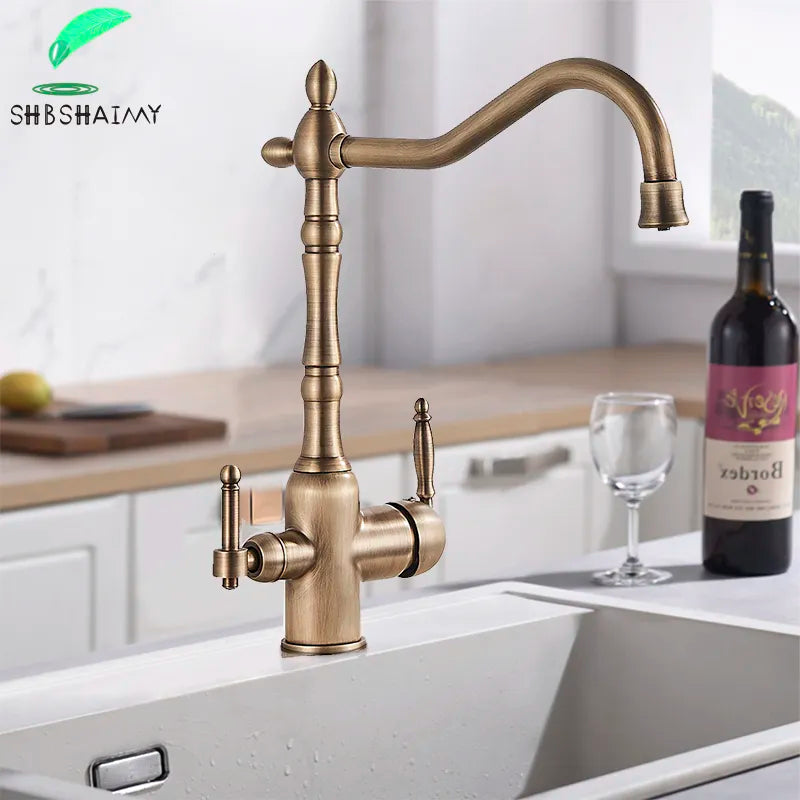 Load image into Gallery viewer, Antique Brass Filter Kitchen Faucet Drinking Pure Water Kitchen Tap Deck Mounted Dual Handles 3-Ways Hot and Cold Water Mixer
