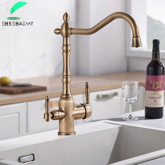 Antique Brass Filter Kitchen Faucet Drinking Pure Water Kitchen Tap Deck Mounted Dual Handles 3-Ways Hot and Cold Water Mixer