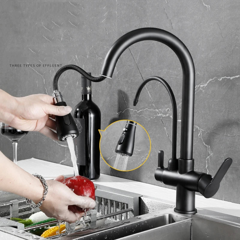 Load image into Gallery viewer, Matte Black Touch Kitchen Faucet with Pure Water Function Dual Handle Tap Deck Mounted 360 Rotation Pull Out Hot Cold Mixer Taps
