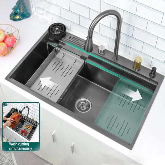New Black Nano 304 Stainless Steel Waterfall Kitchen Sink  Large Single Slot Wash Basin With Multifunction Touch Waterfall Fauce