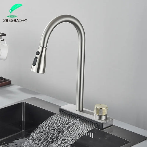 Grey Black Waterfall Sink Kitchen Faucet Hot Cold Mixer Wash Basin Multiple Water Outlets Rotation Flying Rain Tap Single Hole