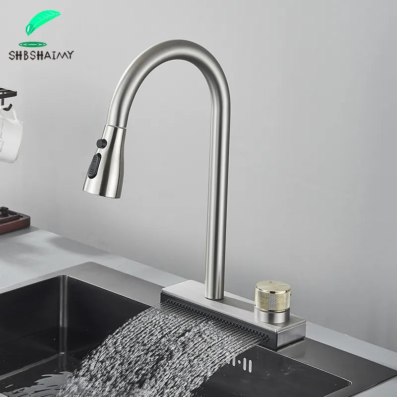 Load image into Gallery viewer, Grey Black Waterfall Sink Kitchen Faucet Hot Cold Mixer Wash Basin Multiple Water Outlets Rotation Flying Rain Tap Single Hole
