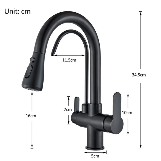 Matte Black Touch Kitchen Faucet with Pure Water Function Dual Handle Tap Deck Mounted 360 Rotation Pull Out Hot Cold Mixer Taps