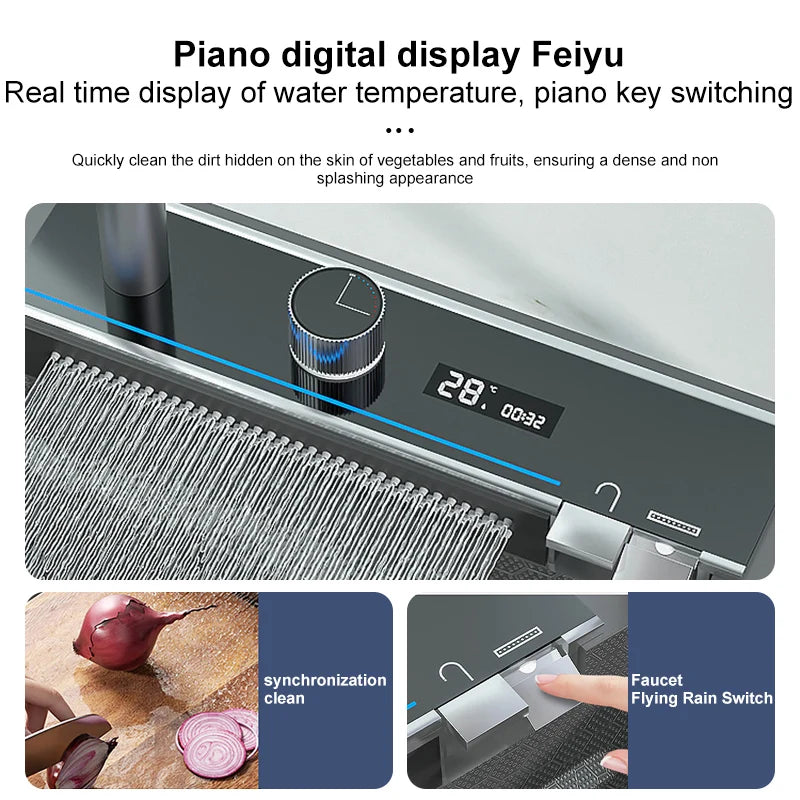 Load image into Gallery viewer, Digital Display Waterfall Kitchen Sink Large Single Slot Nano Stainless Steel Sink Undercounter Honeycomb embossed Washbasin
