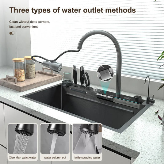Stainless Steel Waterfall Kitchen Sink Digital Display Embossed Large Single-Slot Multifunctional Washbasin Utensils for Kitchen