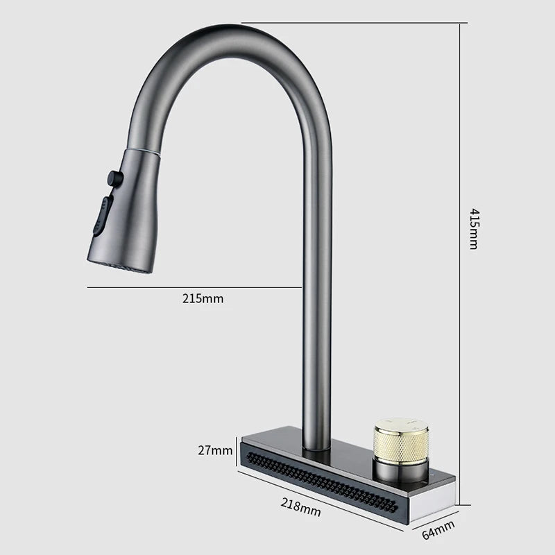 Load image into Gallery viewer, Grey Black Waterfall Sink Kitchen Faucet Hot Cold Mixer Wash Basin Multiple Water Outlets Rotation Flying Rain Tap Single Hole
