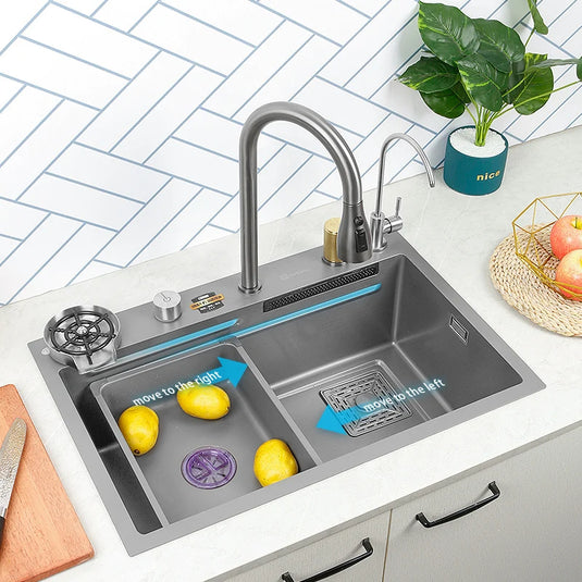 Kitchen Sink 304 Stainless Steel Large Single Slot  With Multifunction Touch Waterfall Faucet  For Kitchen Renovation