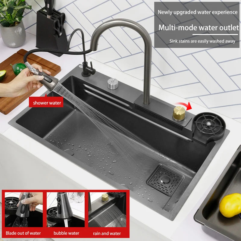 Load image into Gallery viewer, New Black Nanometer 304 Stainless Steel Waterfall Kitchen Sink 3mm Thickness Large Single Slot Above Mount Waterfall Faucet
