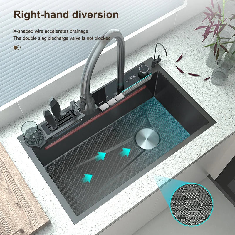 Load image into Gallery viewer, Stainless Steel Waterfall Kitchen Sink Digital Display Embossed Large Single-Slot Multifunctional Washbasin Utensils for Kitchen
