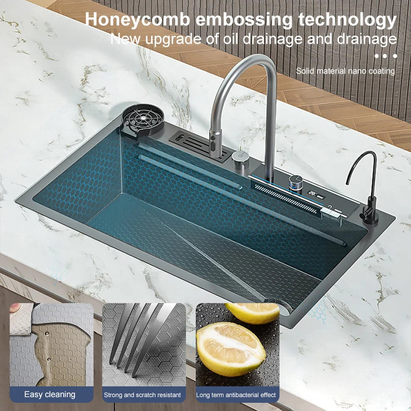 Load image into Gallery viewer, Digital Display Waterfall Kitchen Sink Large Single Slot Nano Stainless Steel Sink Undercounter Honeycomb embossed Washbasin

