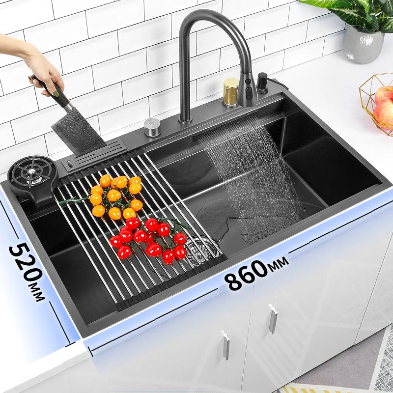 Load image into Gallery viewer, New Black Nano 304 Stainless Steel Waterfall Kitchen Sink  Large Single Slot Wash Basin With Multifunction Touch Waterfall Fauce
