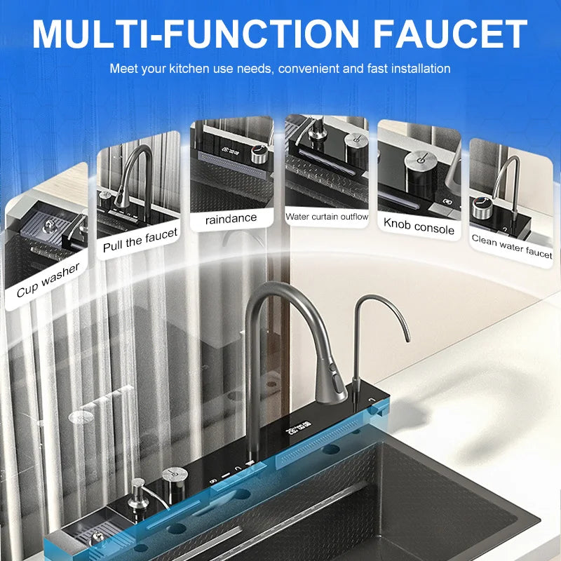 Load image into Gallery viewer, Waterfall Kitchen Sink 304 Stainless Steel Sink Digital Display Large Single Slot  Multifuctional Sink With Waterfall Faucet
