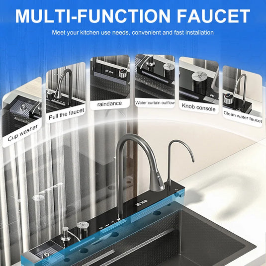 Waterfall Kitchen Sink 304 Stainless Steel Sink Digital Display Large Single Slot  Multifuctional Sink With Waterfall Faucet