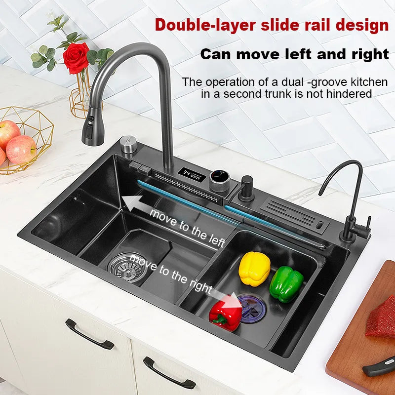 Load image into Gallery viewer, 304 Stainless Steel Kitchen Waterfall Sink Digital Display Large Single Sink Dish Basin Sink With Multifunction Touch Waterfall
