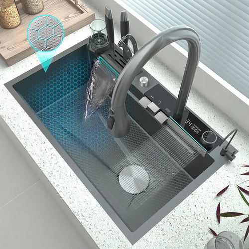 Stainless Steel Waterfall Kitchen Sink Digital Display Embossed Large Single-Slot Multifunctional Washbasin Utensils for Kitchen