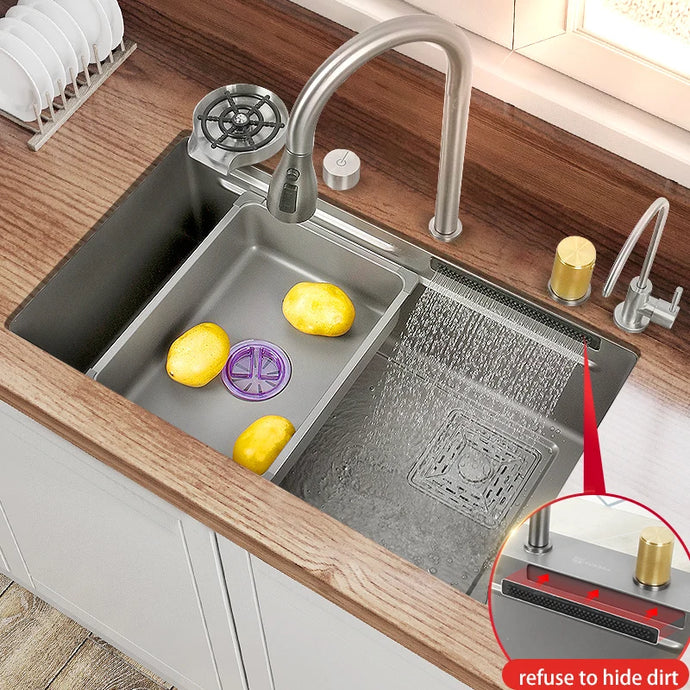 Kitchen Sink 304 Stainless Steel Large Single Slot  With Multifunction Touch Waterfall Faucet  For Kitchen Renovation