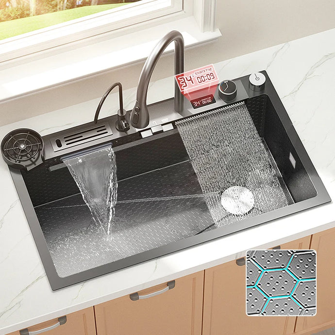 Digital Display Waterfall Sink Embossed Stainless Steel Kitchen Sink Large Single Bowl Black Washbasin with Kitchen faucet