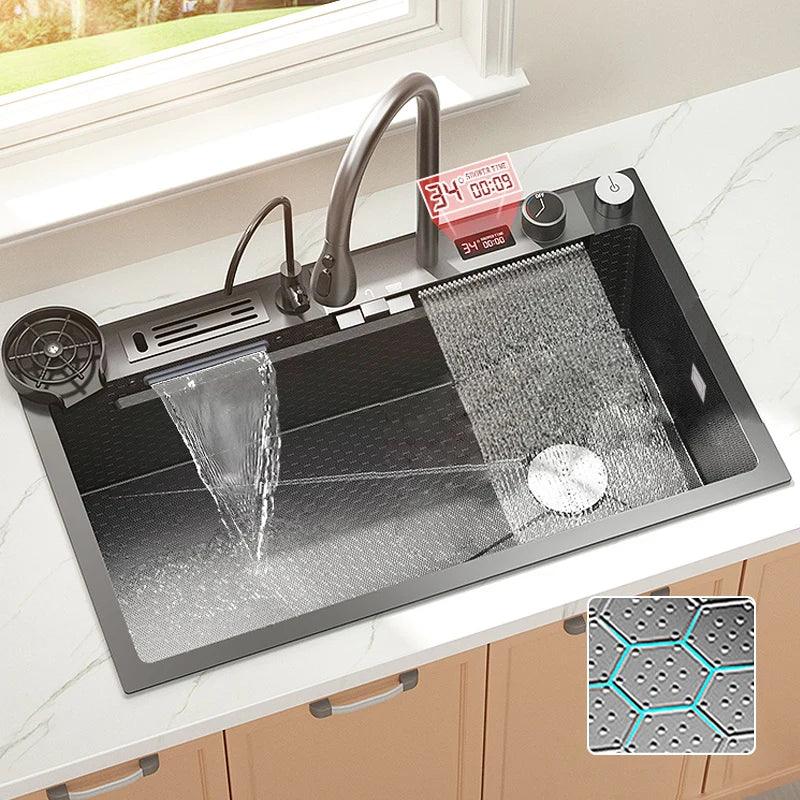 Load image into Gallery viewer, Digital Display Waterfall Sink Embossed Stainless Steel Kitchen Sink Large Single Bowl Black Washbasin with Kitchen faucet
