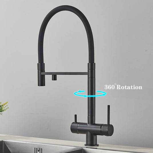 Filtered Kitchen Faucets Dual Spout Filter Faucet Mixer Pull Out Spray 360 Rotation Water Purification 3 Ways Sink Mixer Kitchen