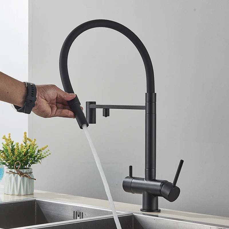 Load image into Gallery viewer, Filtered Kitchen Faucets Dual Spout Filter Faucet Mixer Pull Out Spray 360 Rotation Water Purification 3 Ways Sink Mixer Kitchen
